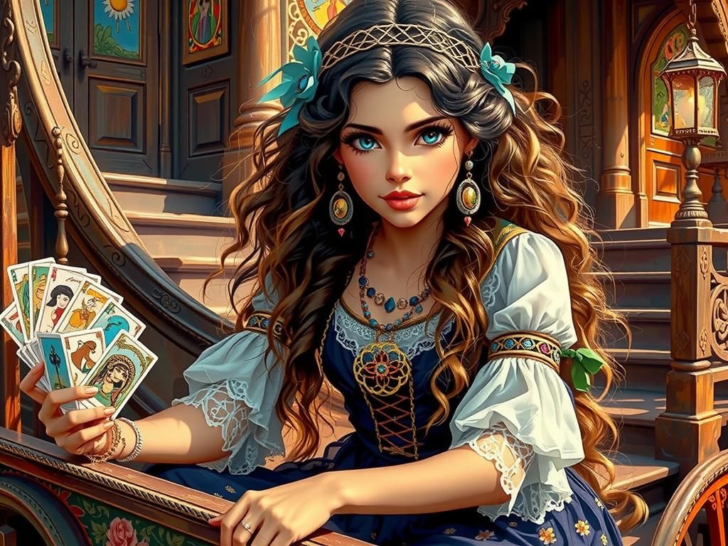 Bohemian Gypsy Girl with Tarot Cards, Digital Art