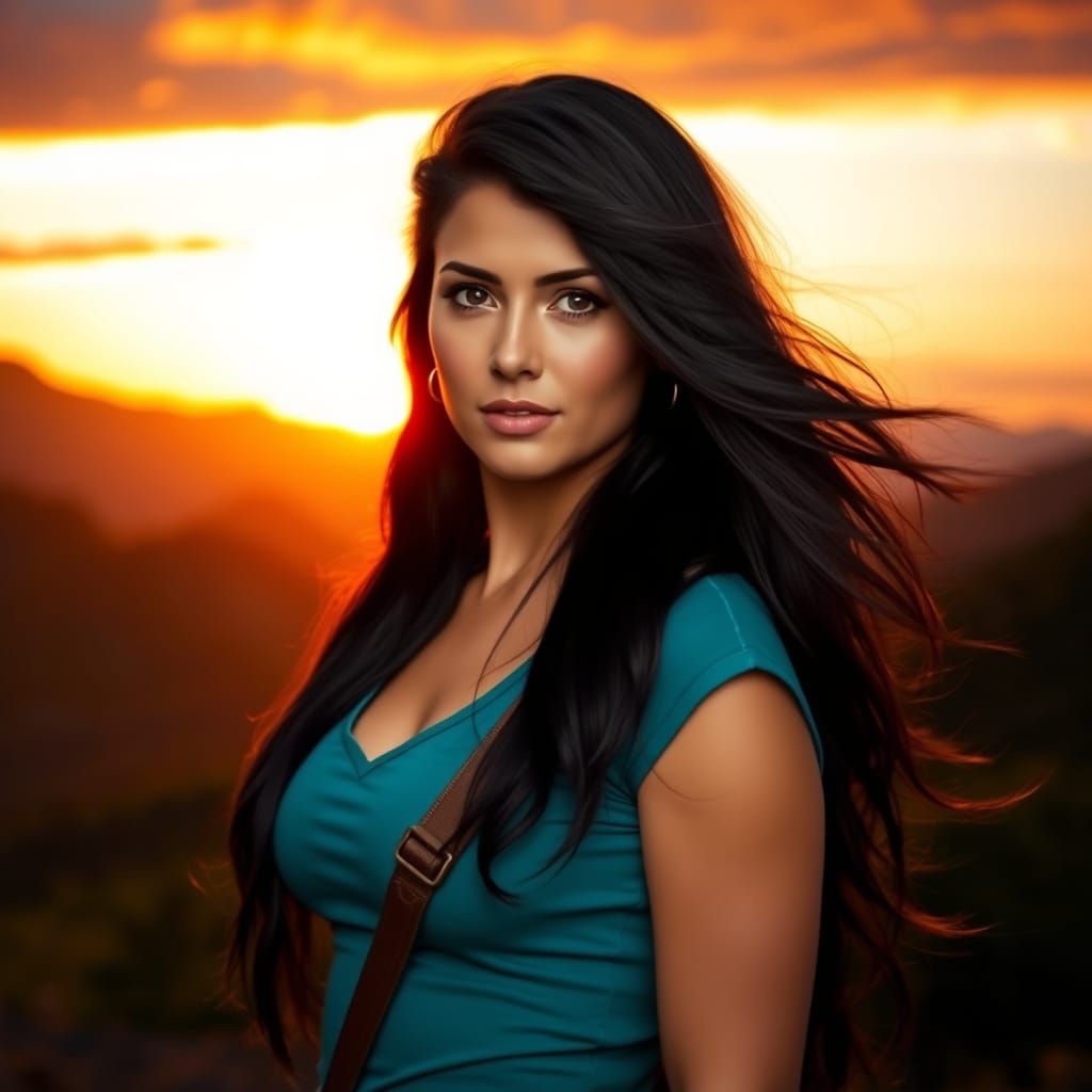 Confident Woman Standing in Front of Vibrant Sunset Landscap...