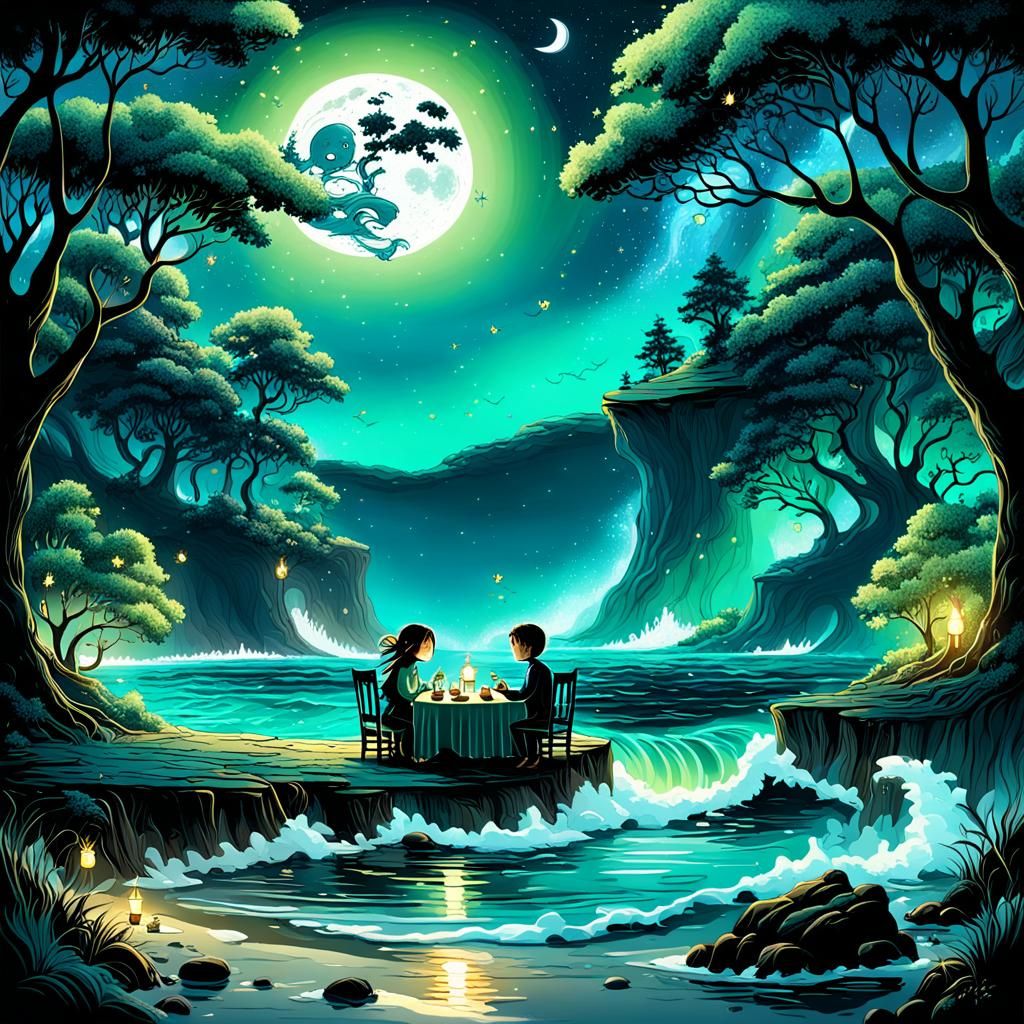 Steampunk Landscape Meets Bioluminescent Sea Under Aurora