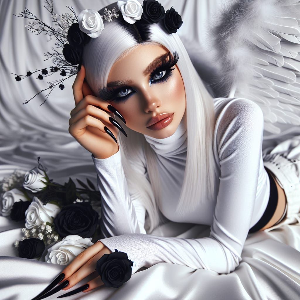 Gothic Woman with Black Roses and Angel Wings
