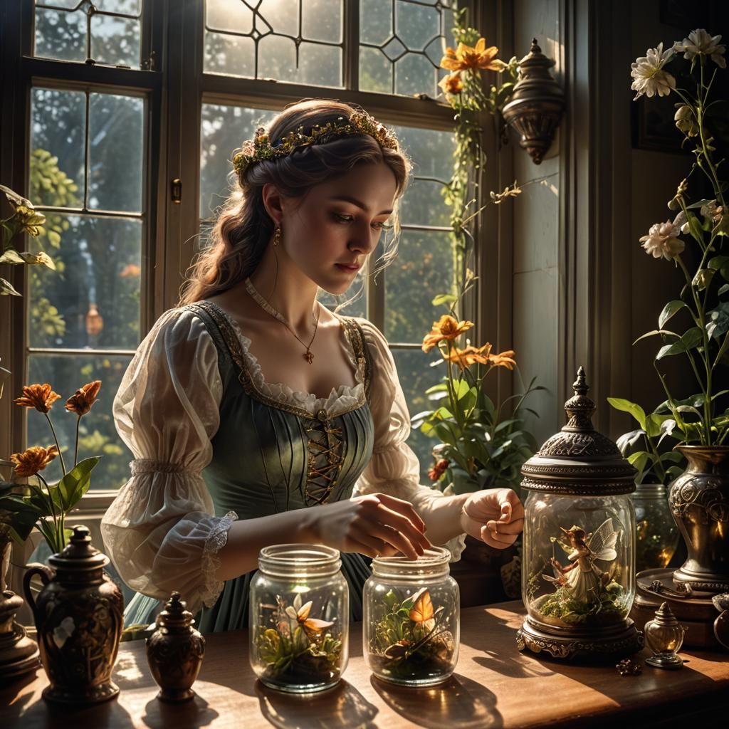 Victorian Woman Captures Fairy in Jar: Hyperrealistic Image