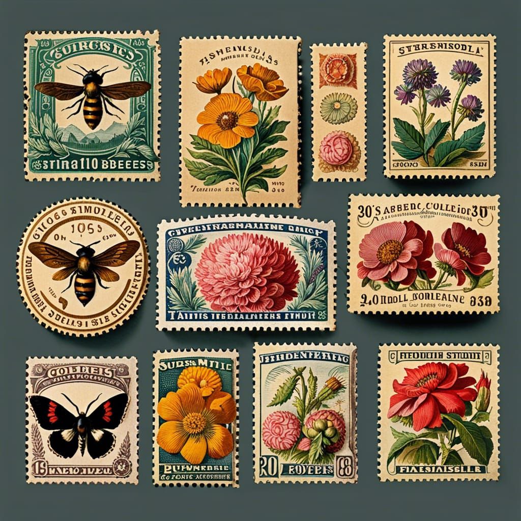 Vintage Floral and Bee Postal Stamp Collection