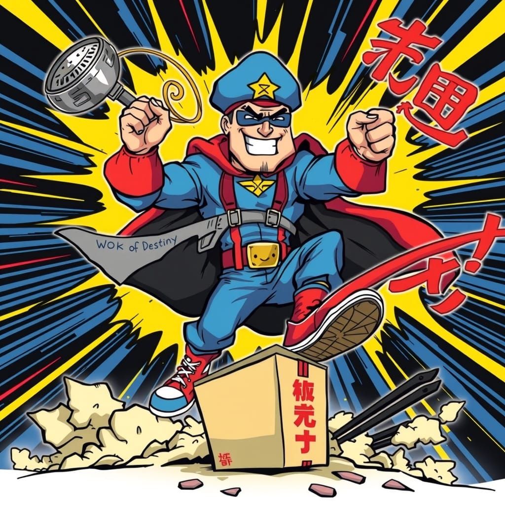 SUPER SILLY HEROES: CAPTAIN CHAOS!
(Collectible Action Figure – Series 1 – "Wok of Destiny" Edition) PACKAGING.