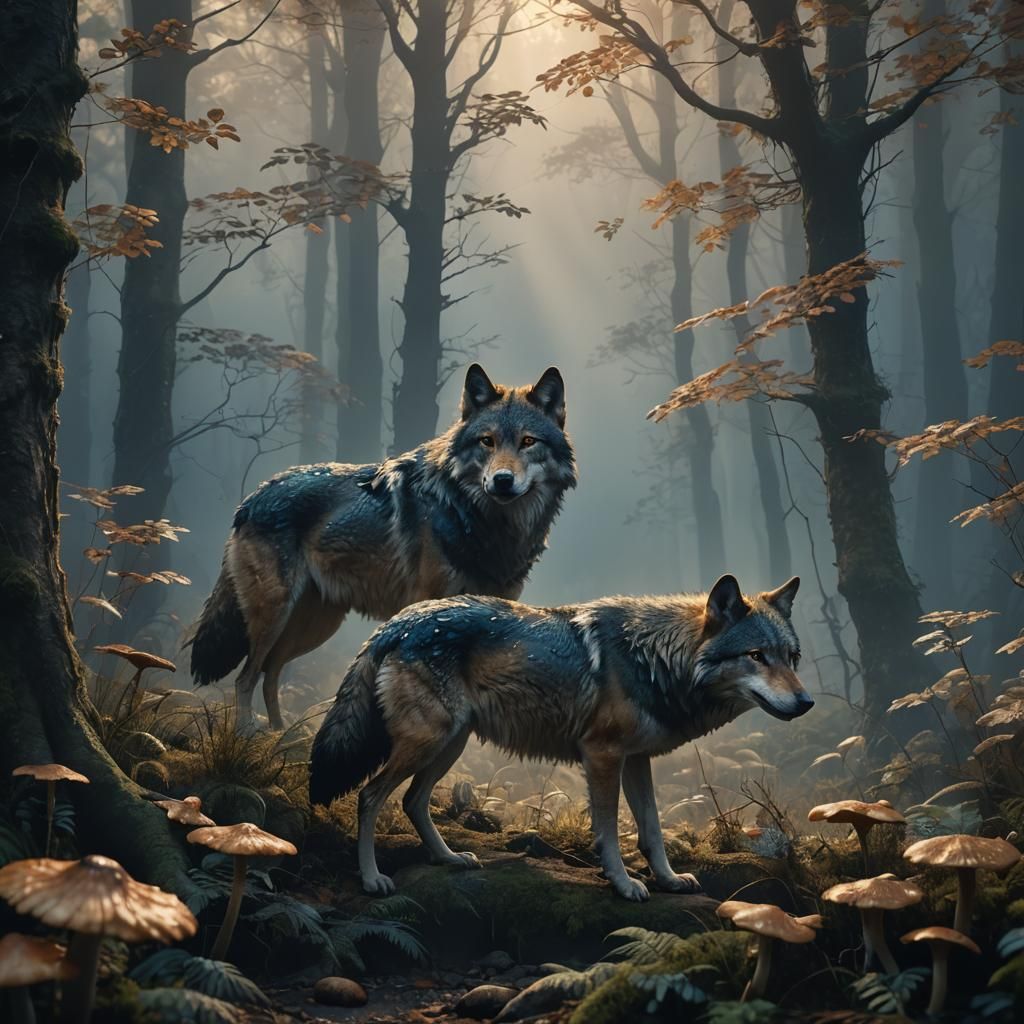 Mysterious Wolf Hiding in Misty Forest, Fantasy Art