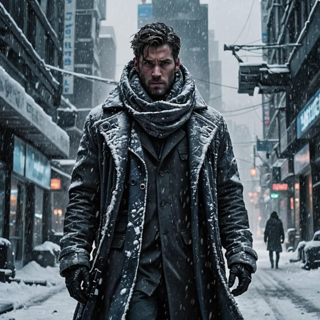 Futuristic Figure in Snowy Landscape