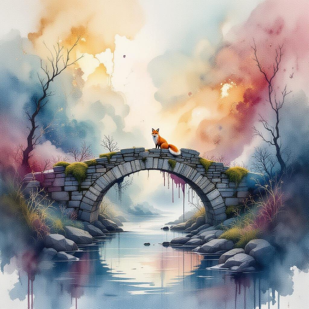 Surreal Fox on Crumbling Bridge in Luminous Watercolor