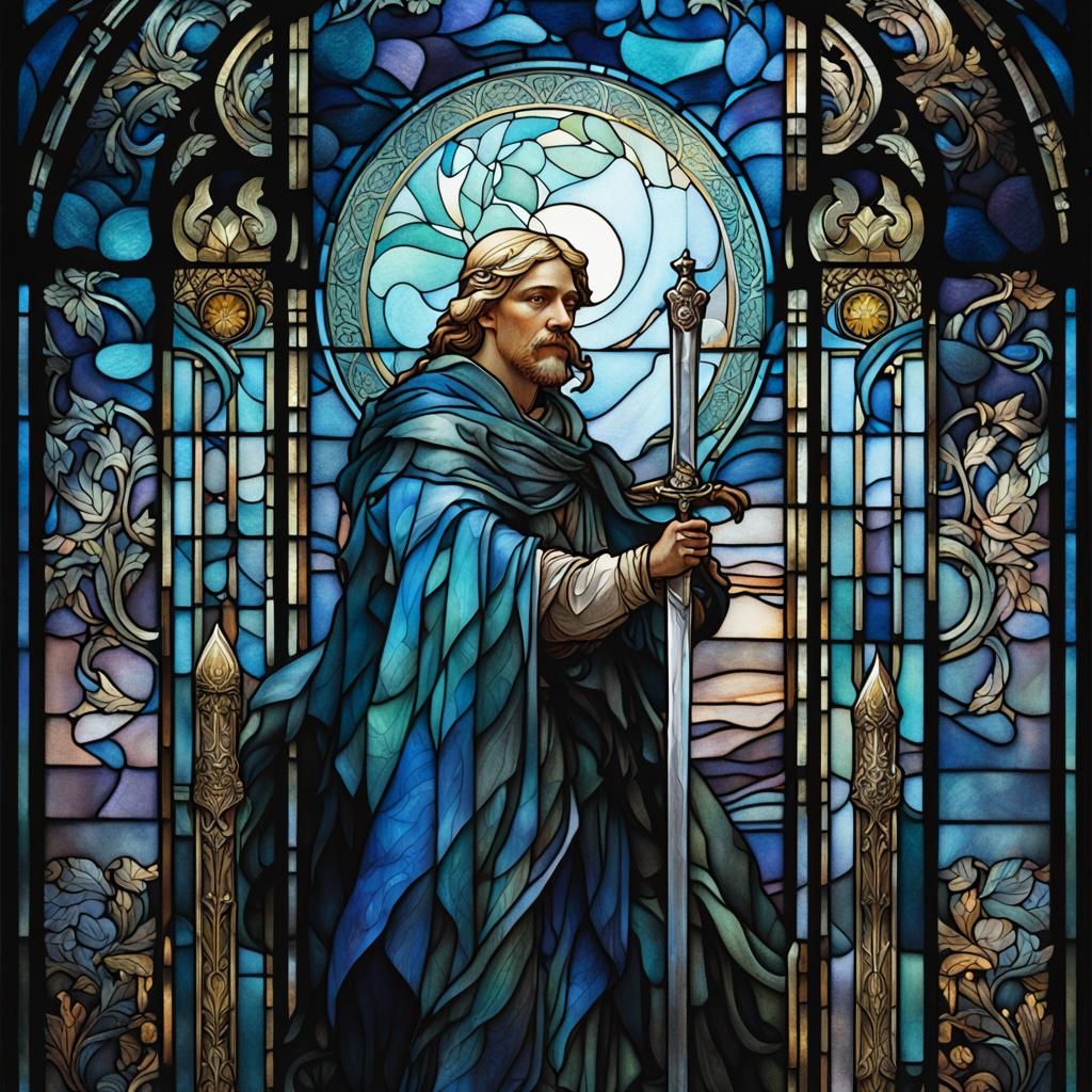 Moon God Portrait in Art Nouveau Stained Glass Style