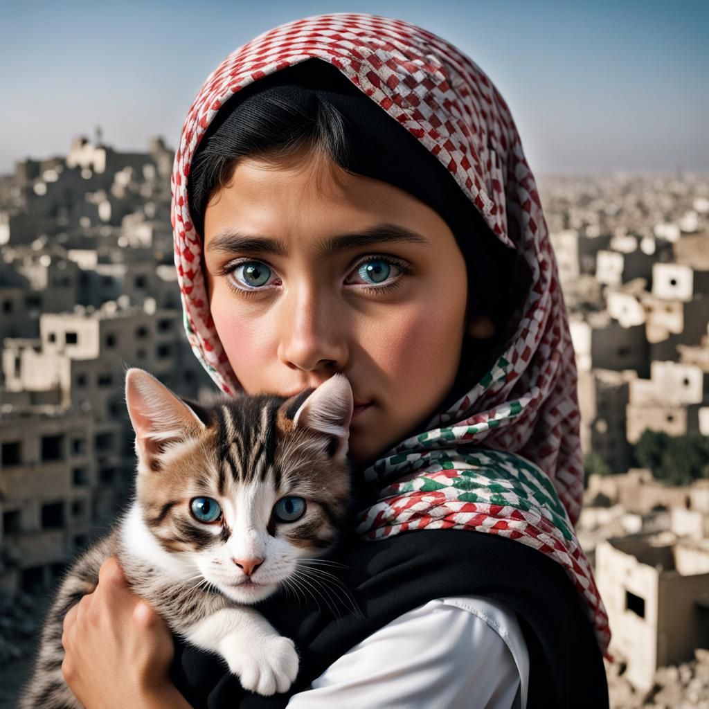 Girl with Keffiyeh and Kitten in Ruined City