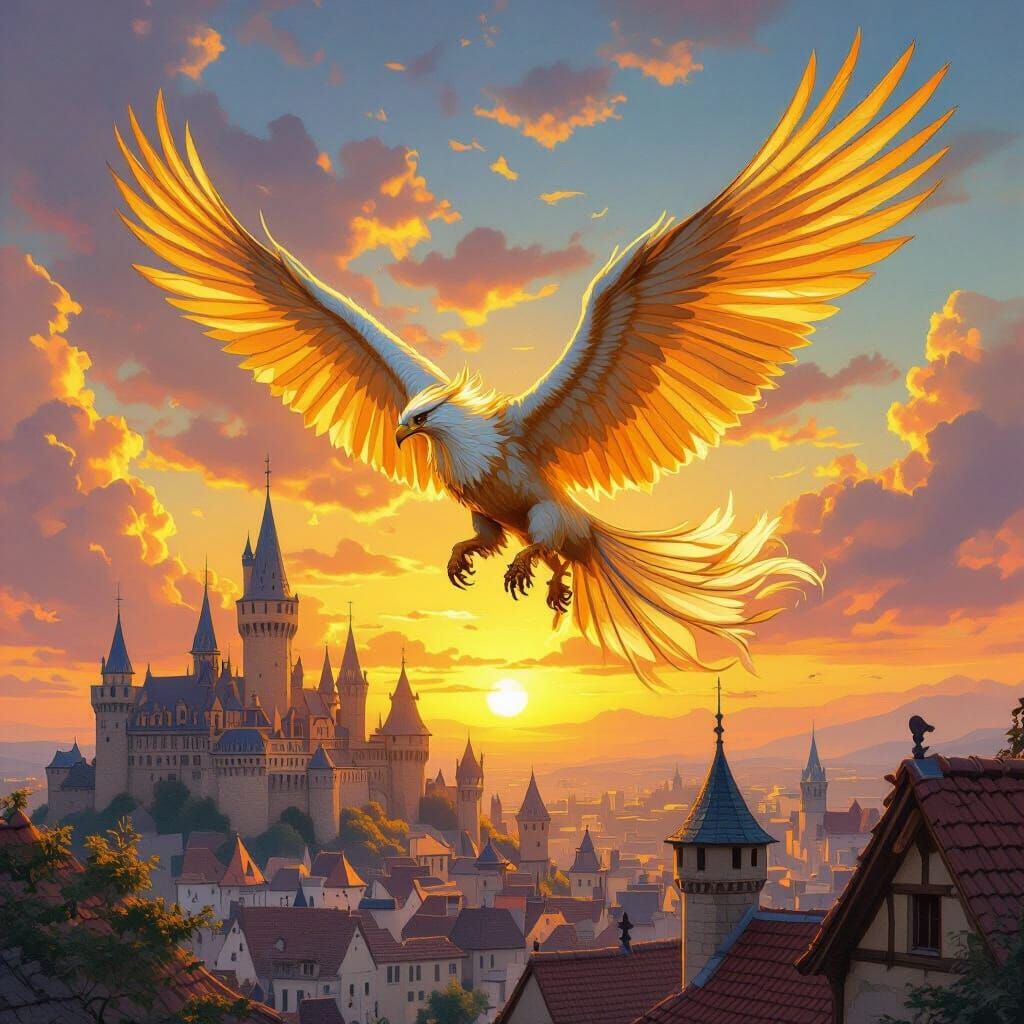Griffin Soaring Over Medieval City at Sunset
