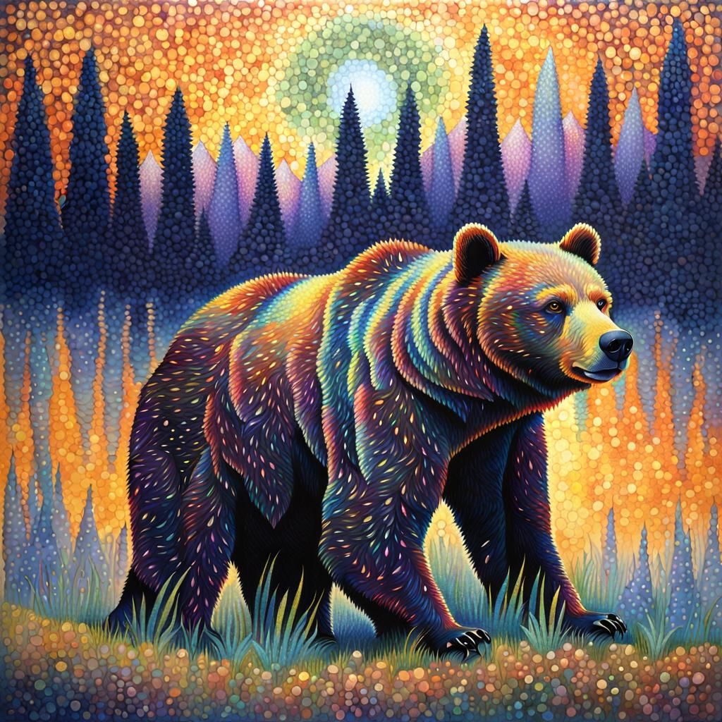 Iridescent Bear in Pointillism at Twilight