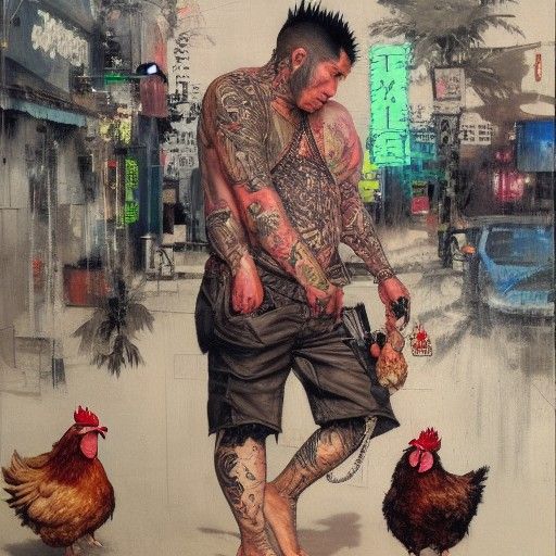 Yakuza Gangster and Chicken: Oil Painting Portrait