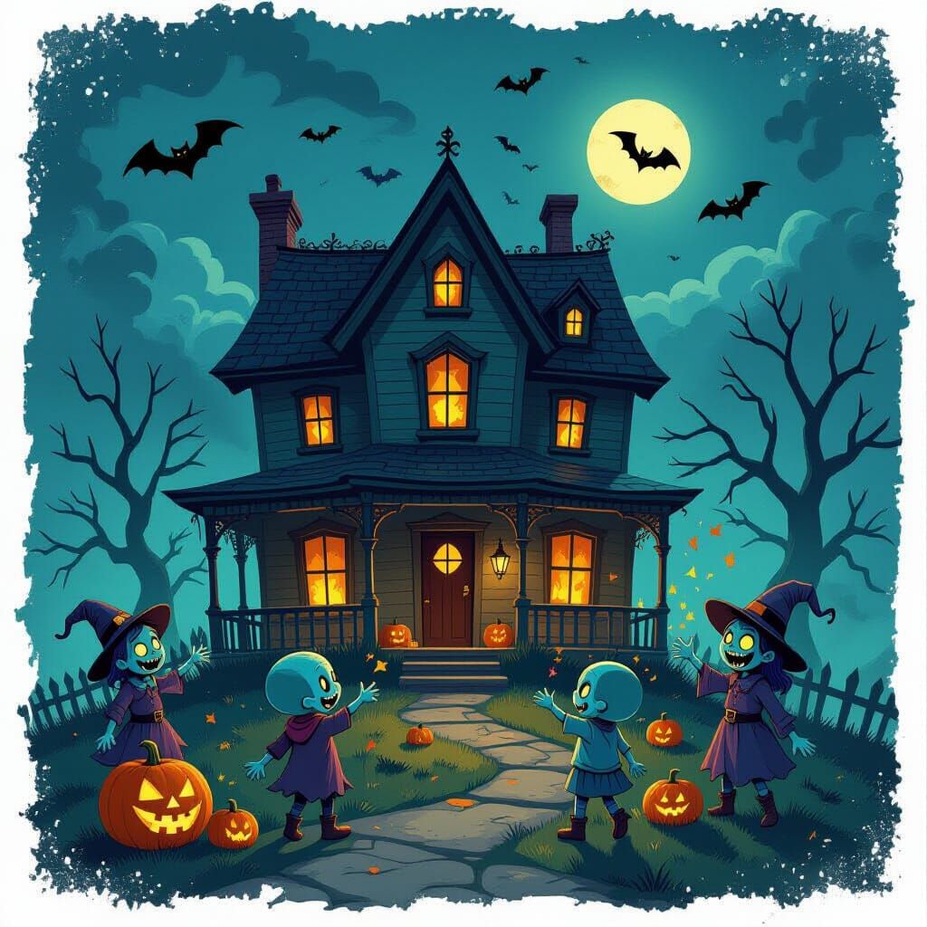 Spooky Halloween Scene: Haunted House with Zombies