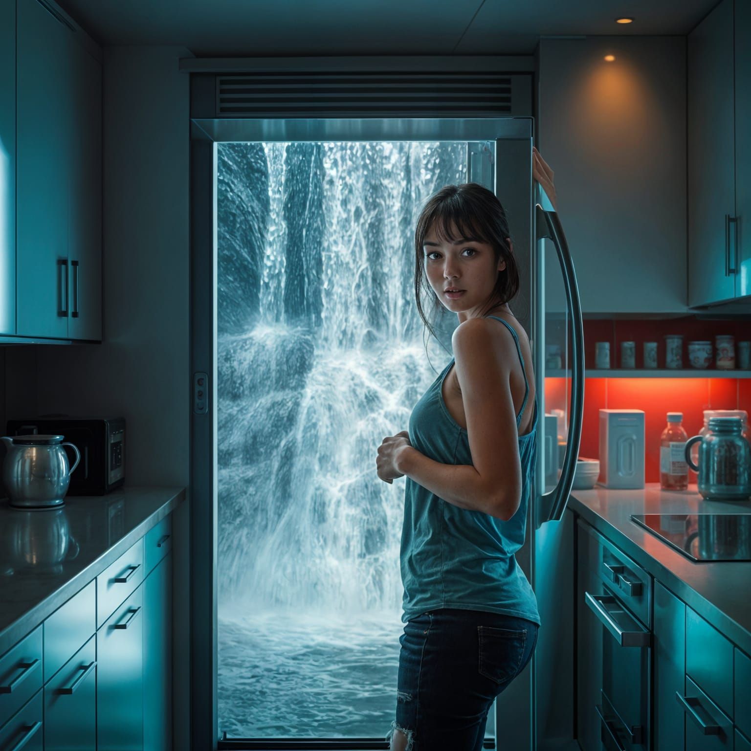 Hyperrealistic Waterfall Inside Refrigerator