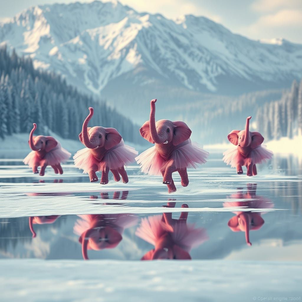 Vibrant Pink Elephants Dance on Glassy Frosty Lake
