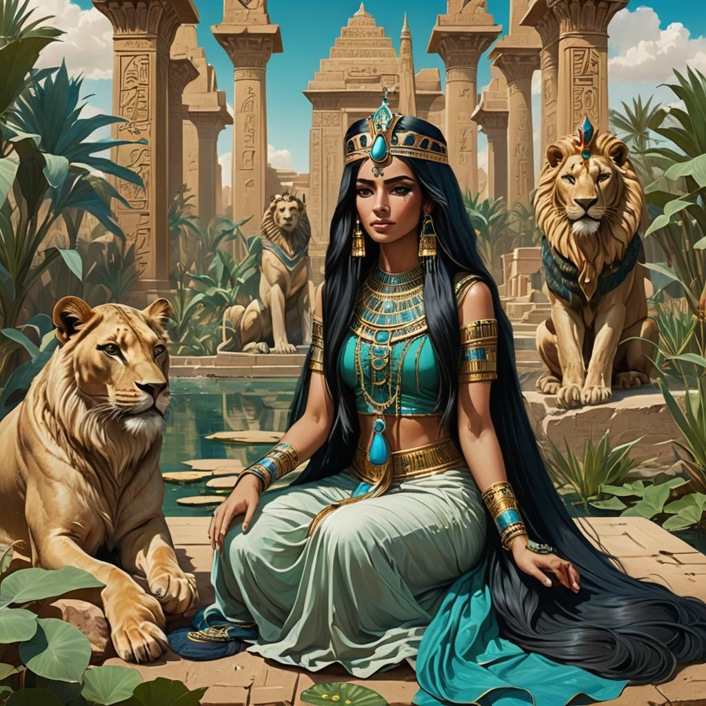 Egyptian Queen with Lions and Temple in Background