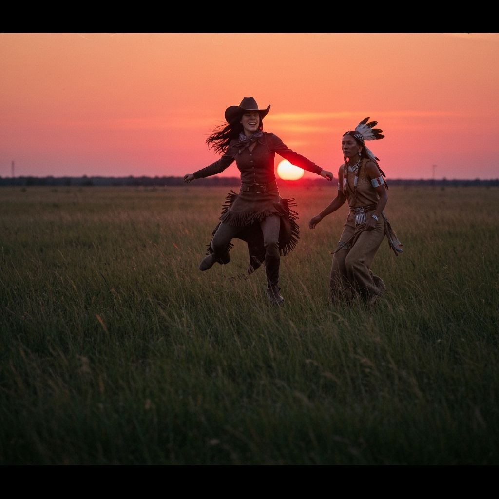 Cowgirl and Native Woman Ride Freely Across Prairie at Sunse...