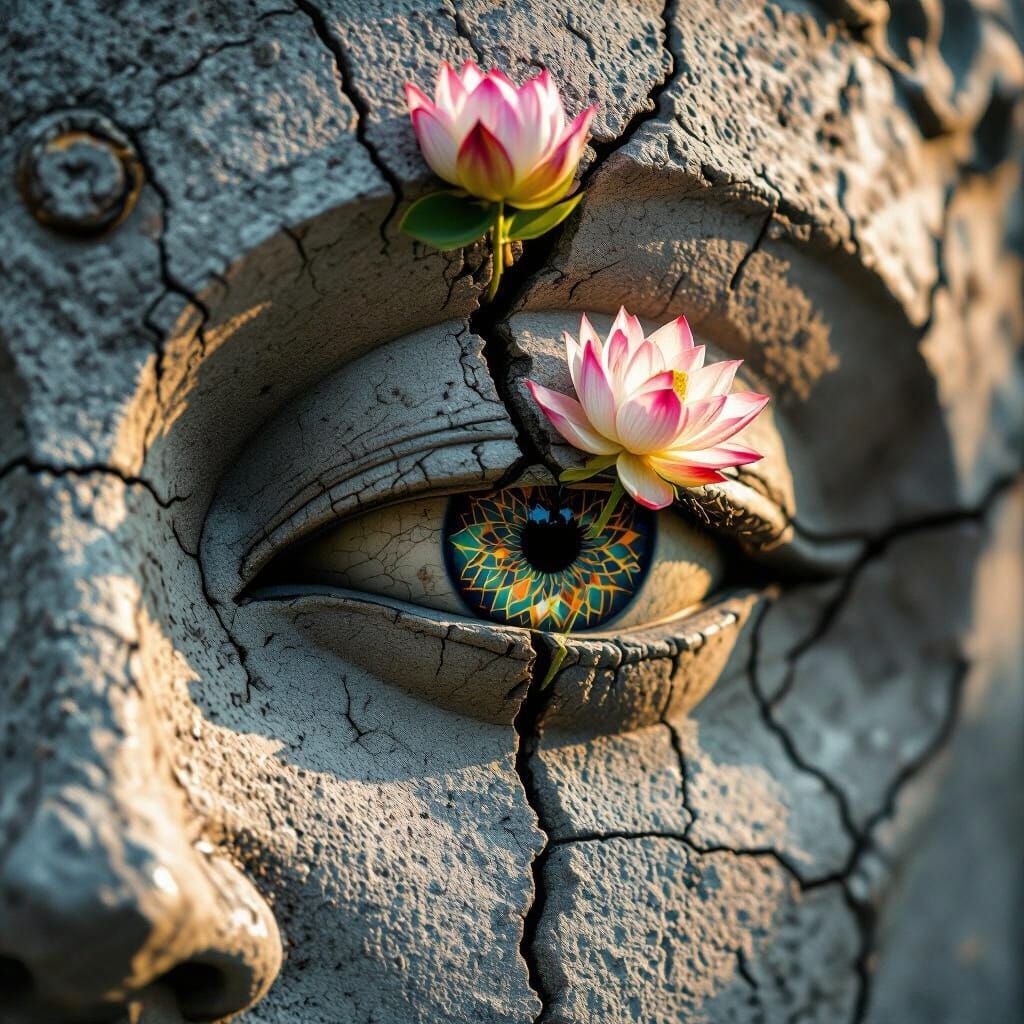 Resilient Lotus Grows from Cracked Statue Eye
