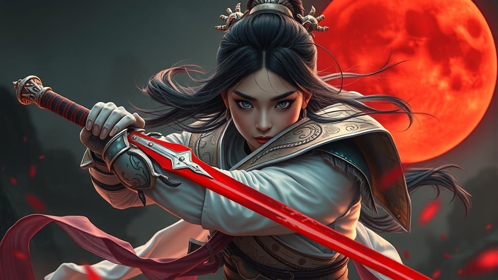 Chinese Swordswoman with Bloodied Sword, Hyperrealistic Art