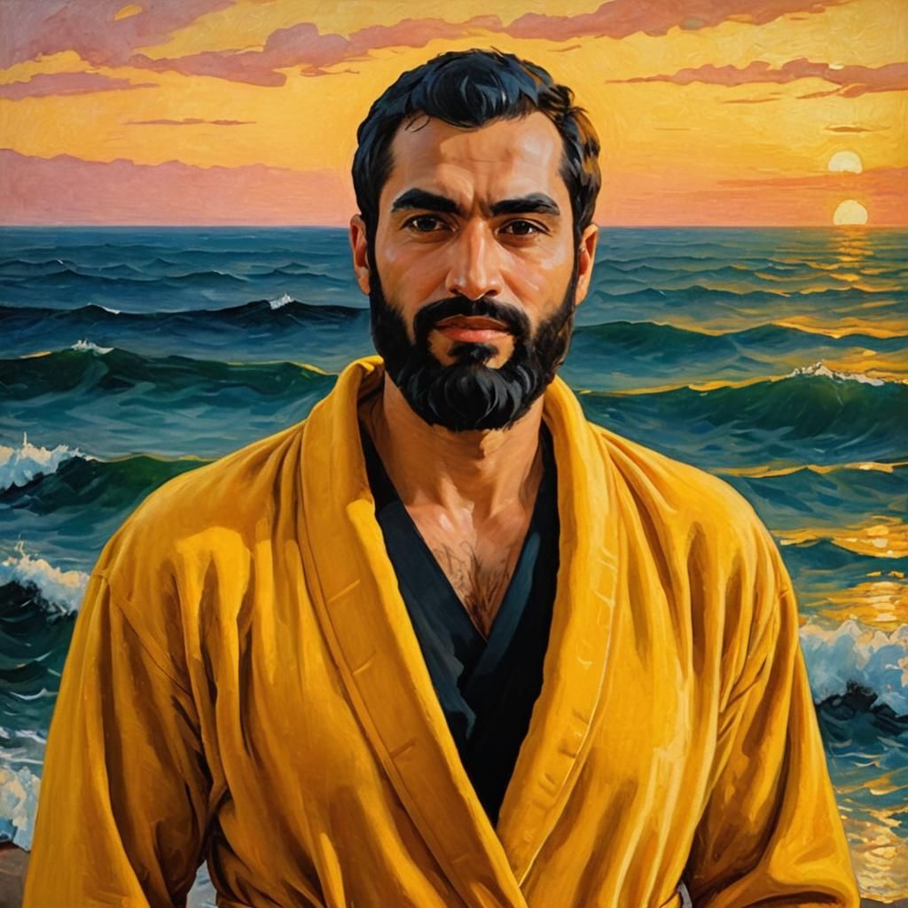 Golden Hour: Man in Velvet Robe, Neo-Impressionism