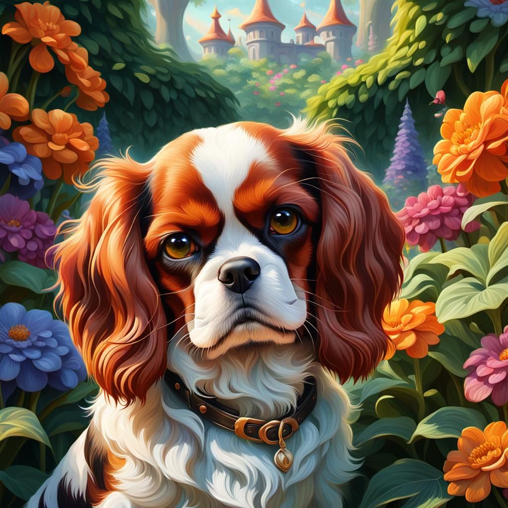 Cavalier King Charles Spaniel in Fantasy Garden