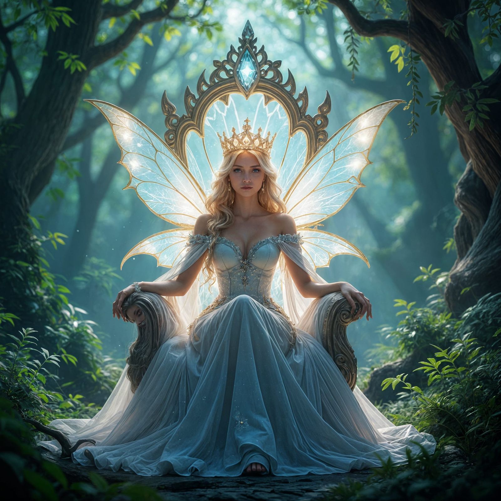 Fairy Queen on Crystal Throne with Glowing Crown