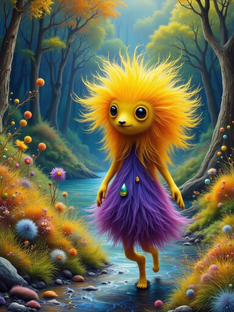 Cute Creature Walking by Creek in Van Gogh Style