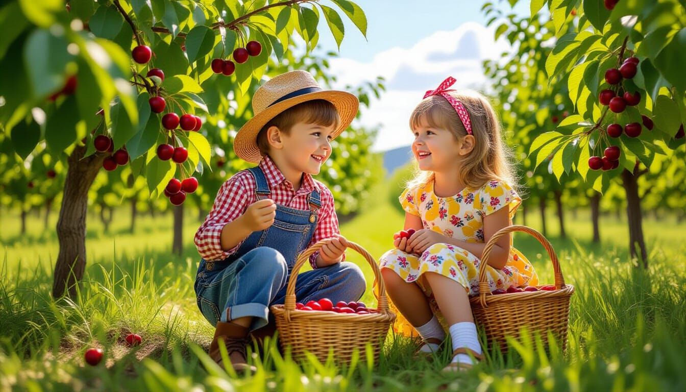 Children Picking Cherries in Sunny 1950s Orchard