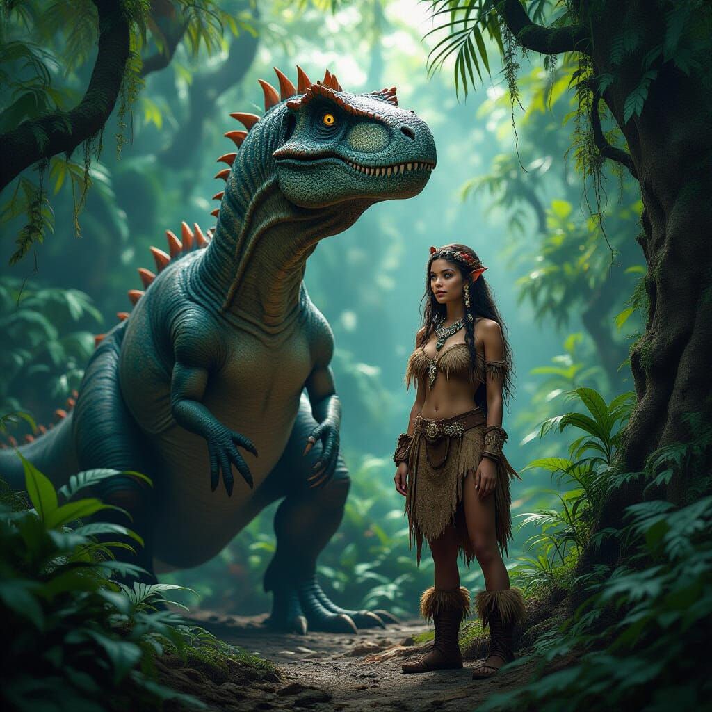 Cave Girl and Dinosaur in Dark Fantasy Style