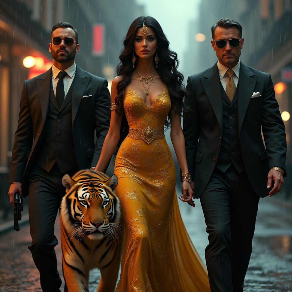 Golden Princess Mafia Boss Struts Down Rainy City Street wit...