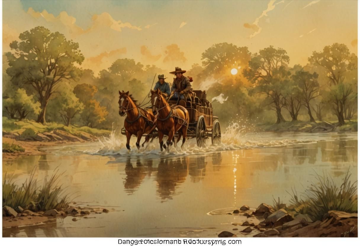 Wagon Races Across River in Watercolor Comic Style