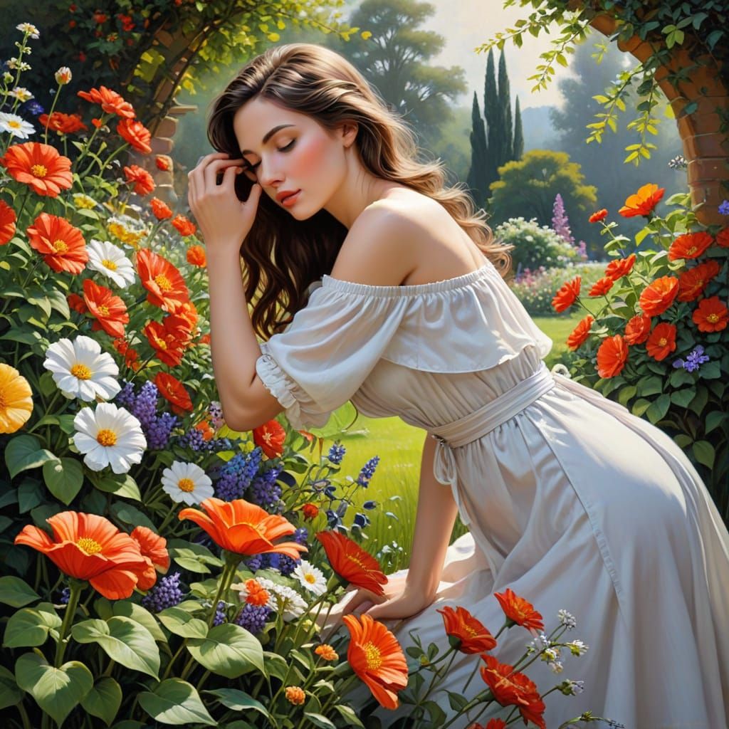 Woman Smelling Flowers in Oil Painting