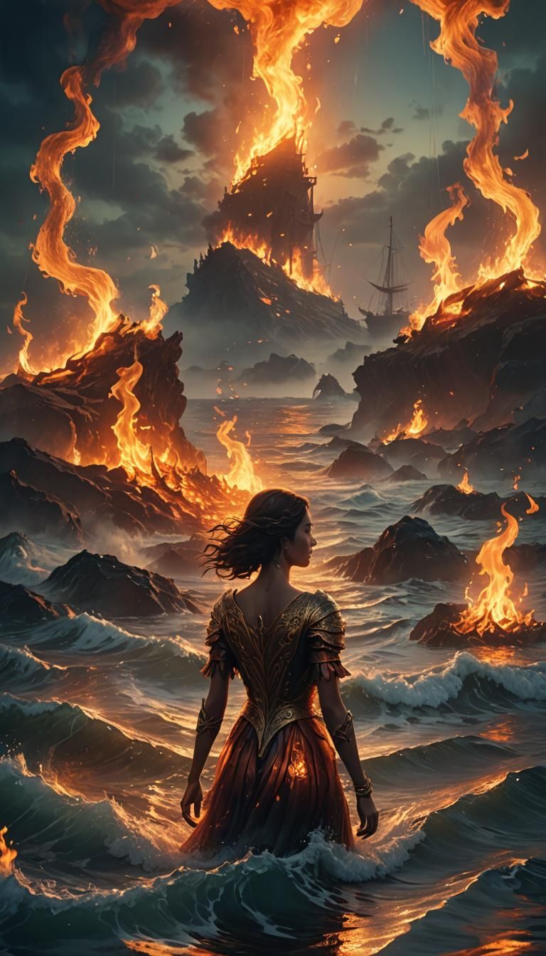 Woman Amidst Burning Fires: Surreal Fantasy Art
