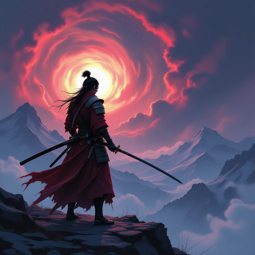 Samurai Warrior Against Cosmic Nebula in Cinematic Style