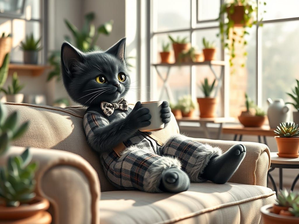 Surreal Scene of Contented Kitten in Lush Aviary