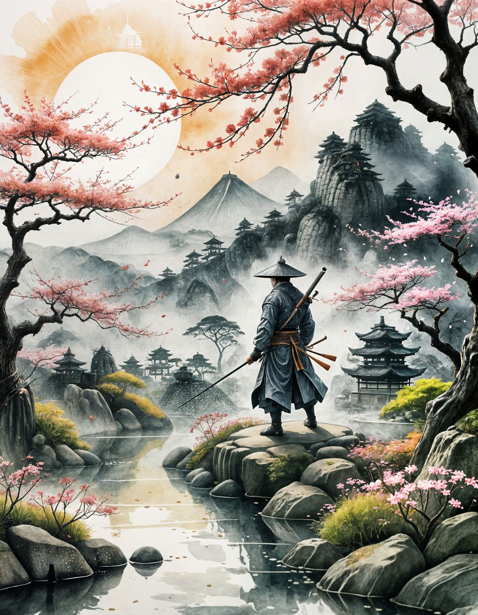 Samurai Training in Zen Garden: Ink and Watercolor