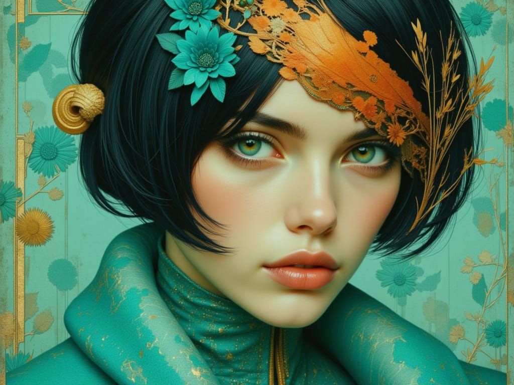Turquoise Woman Portrait in Art Nouveau Style