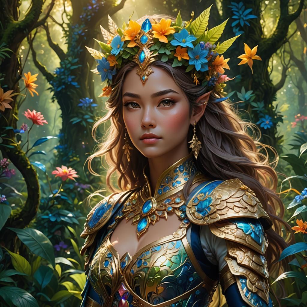 Cartoon Goddess in Lush Forest, Fantasy Art