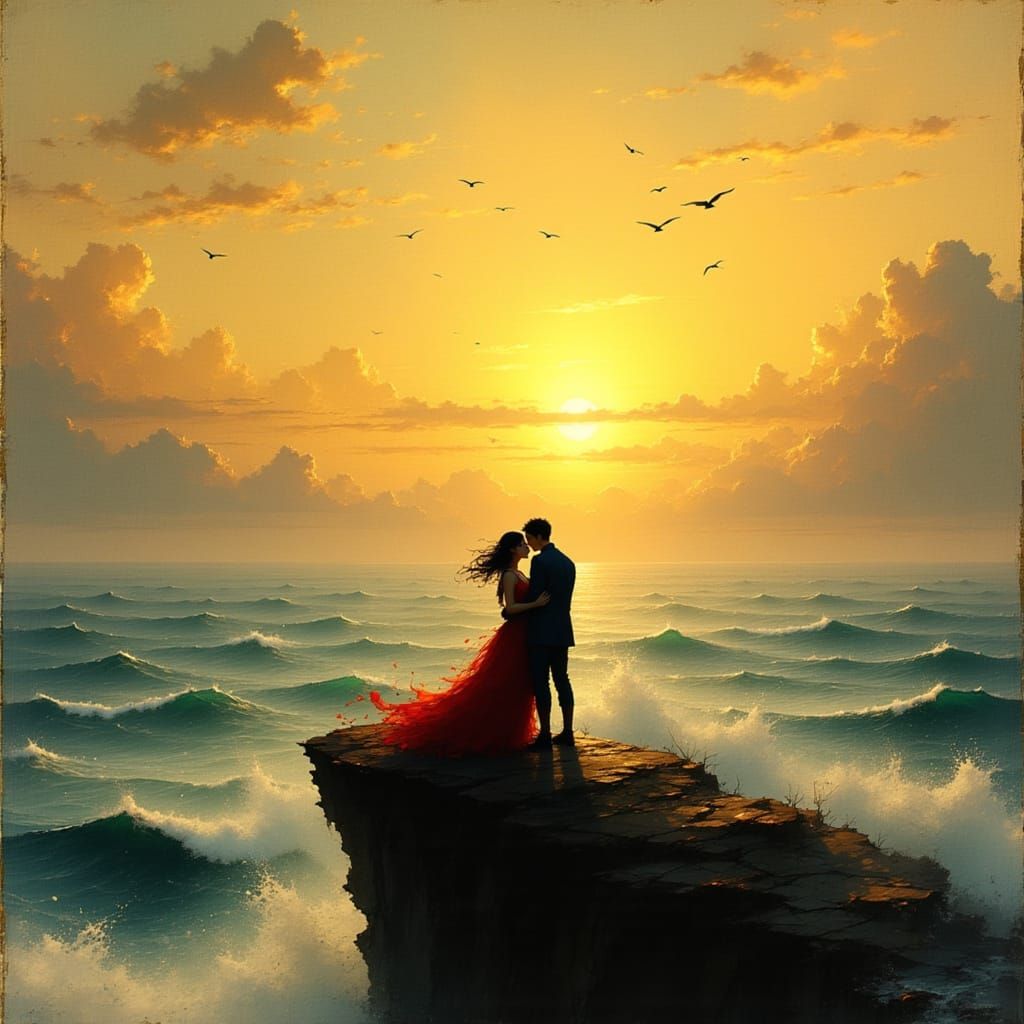 Eternal Embrace: Sunset Oil Painting of Lovers