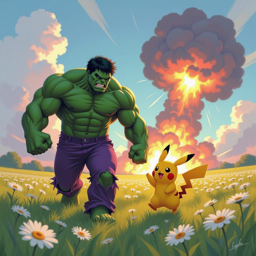 Hulk and Pikachu Skip Through Daisy Field