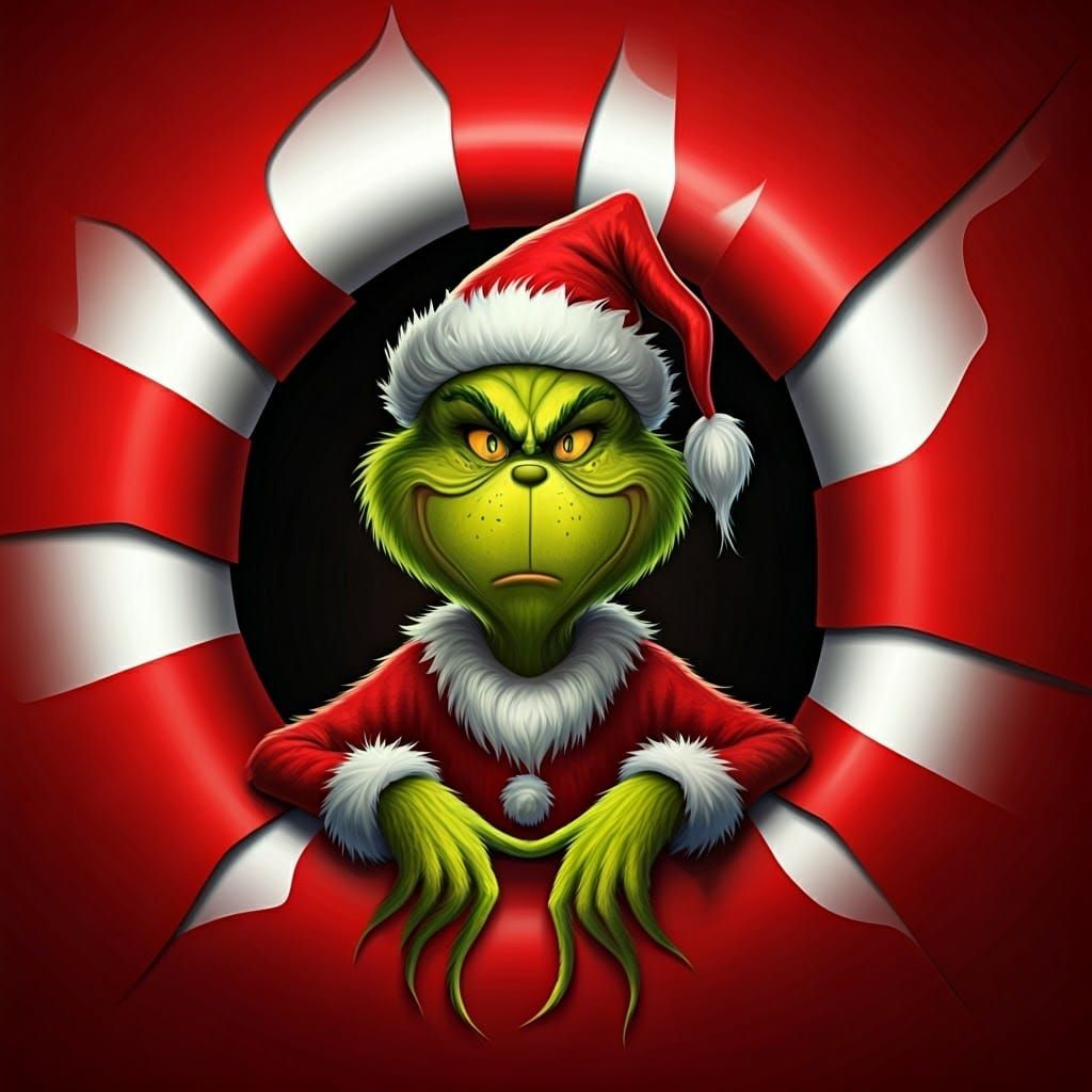 Whimsical 3D Illusion with Grinch Emerging from a Hole in a...