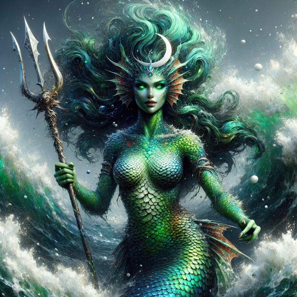 Powerful Mermaid Deity with Trident in 8K