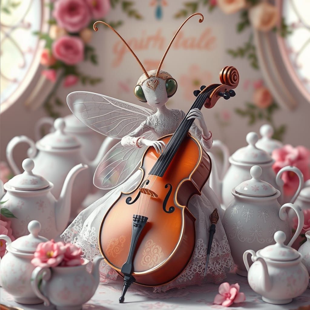 Delicate Lacewing Plays Cello Amidst Whimsical Teapots in An...