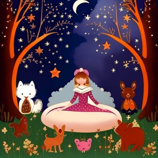 Girl in Moonlit Grove Surrounded by Woodland Creatures