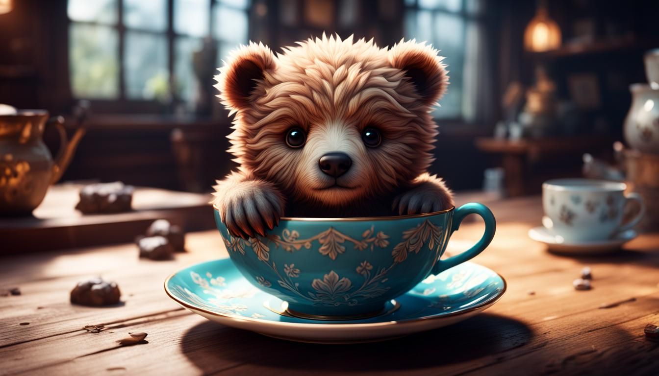Kawaii Fluffy Bear Under Teacup: Detailed Matte Painting