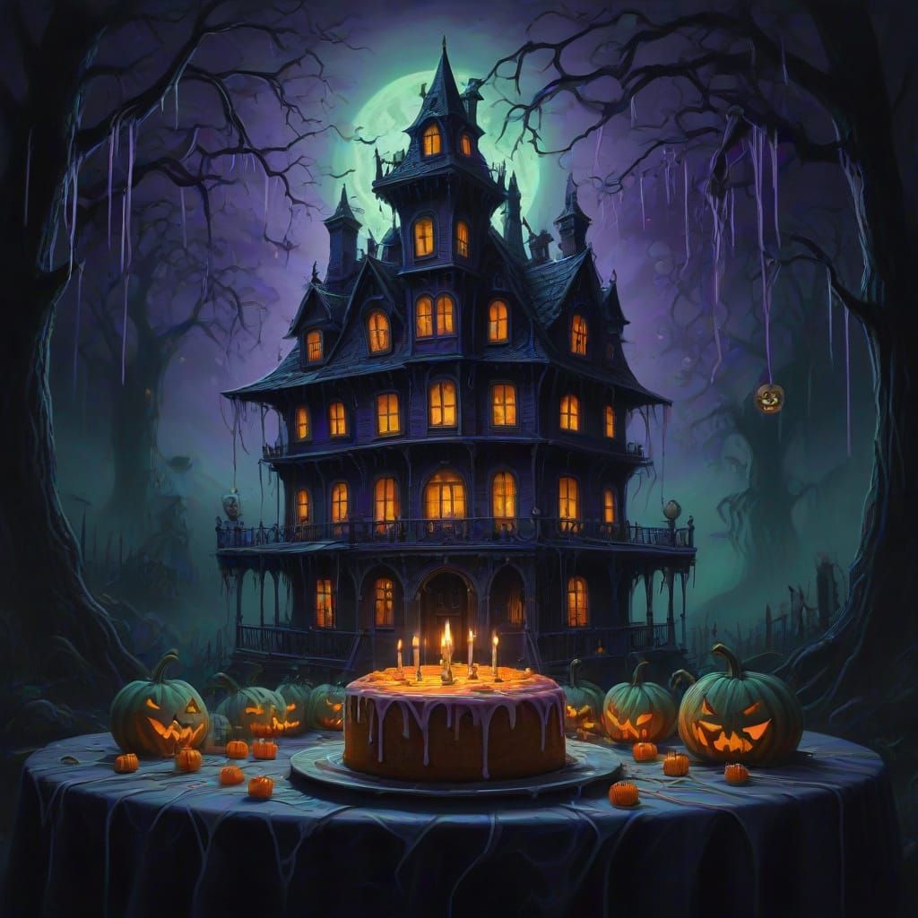 Surreal Spooky Birthday Party Oil Painting