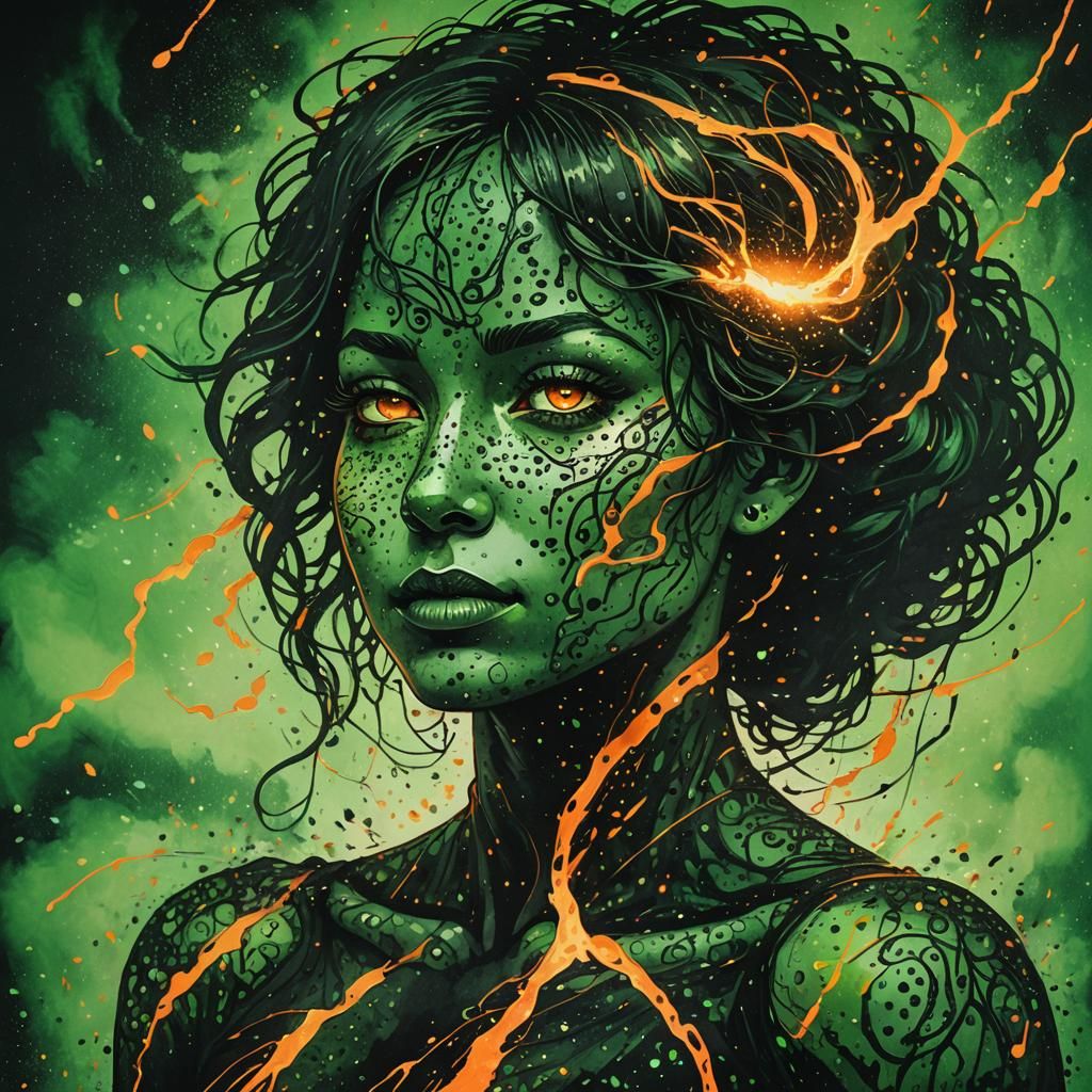 Distorted Female Silhouette in Ethereal Glow, Ink Drawing St...