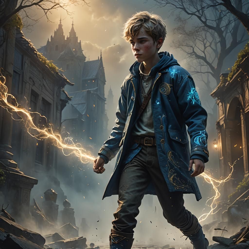 Freckled Boy in Golden Fantasy Landscape