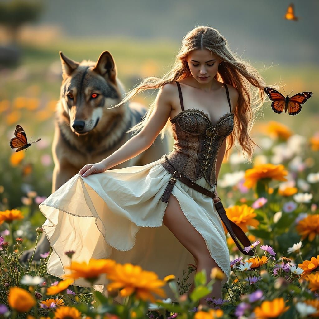 Ethereal Elven Queen Encircled by Dire Wolf and Vibrant Flor...