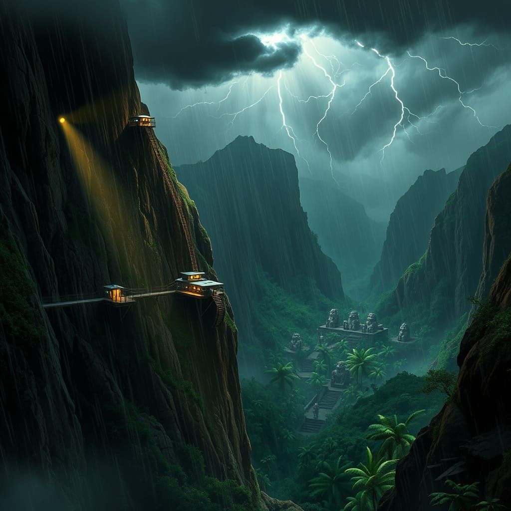 Rugged Cliff Face Under Turbulent Skies with Precarious Scaf...