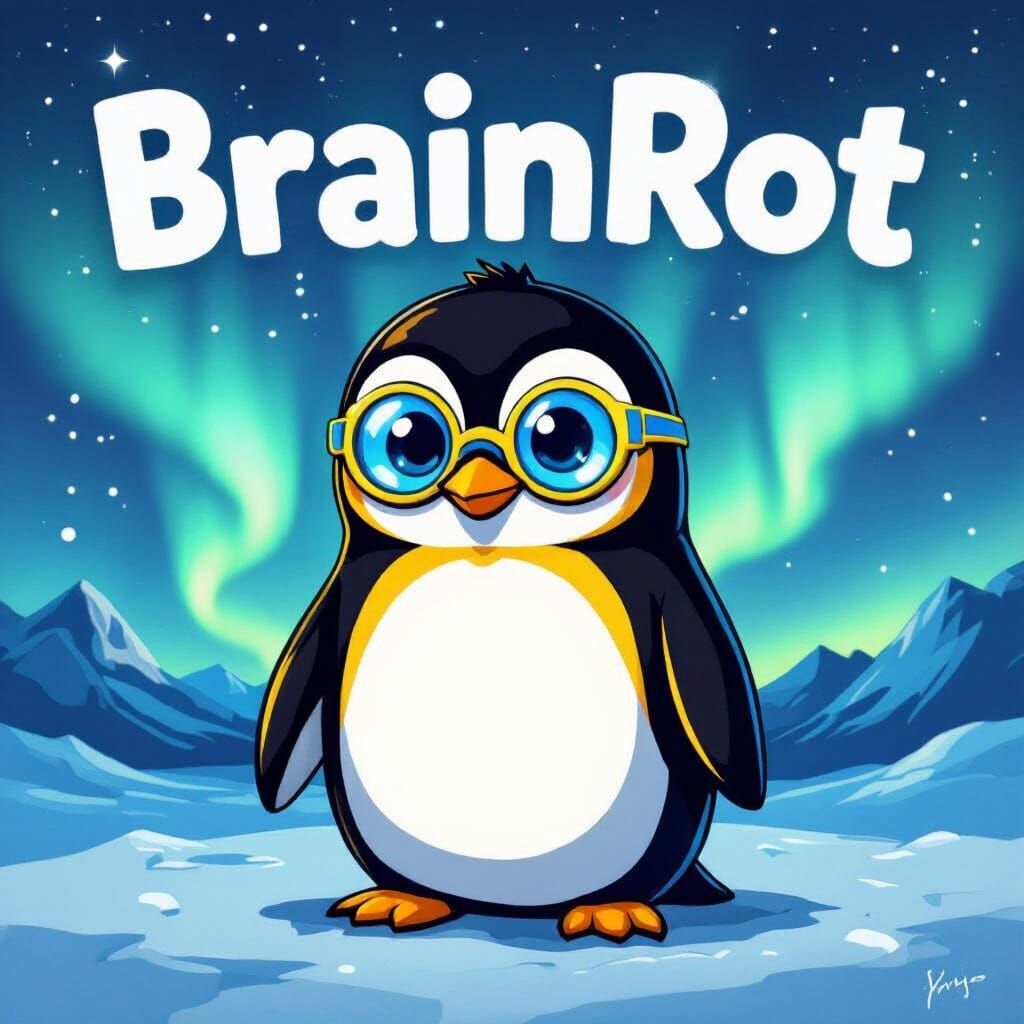 Square Penguin with Blue Lenses Under Aurora Borealis